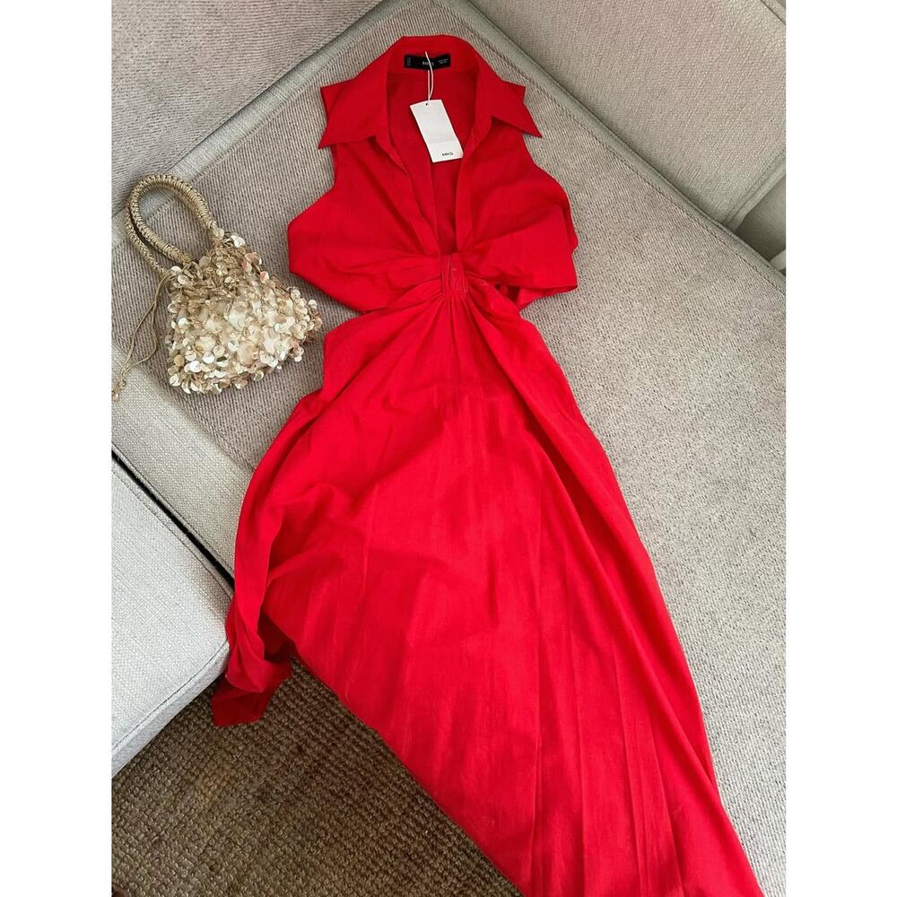 Mango NWT Red Cotton Cutout A-Line Maxi Dress 6 8 - Picture 16 of 16